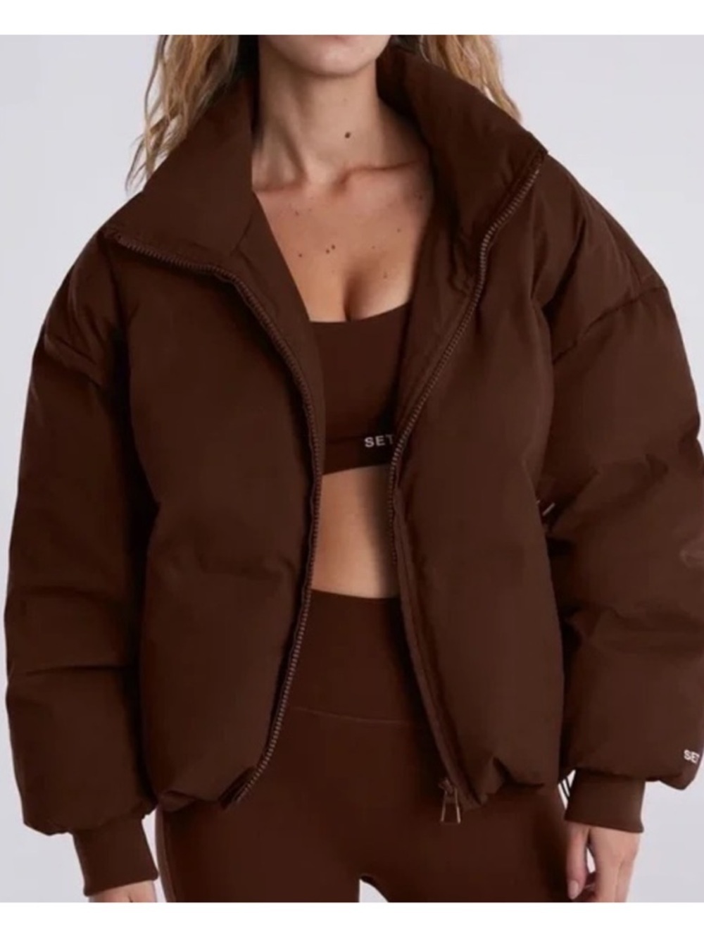 SET Active Oversized Puffer Jacket Brown Small Coat Coco Poly Zip